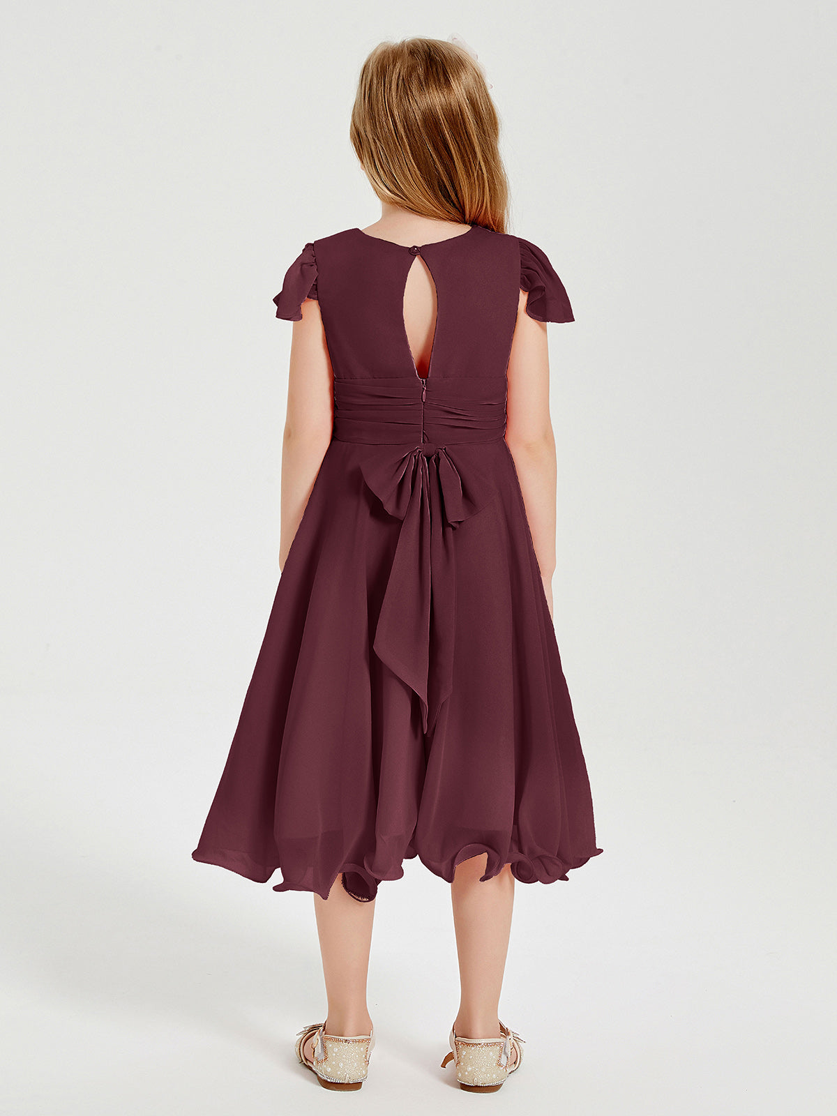 Chiffon Tea Length Junior Bridesmaid Dresses Cabernet
